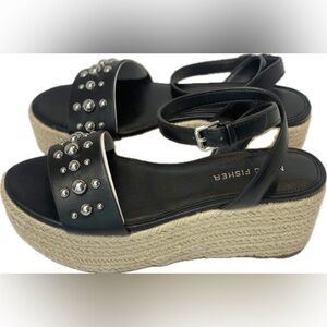 New Marc Fisher Joyce Espadrille Platform Sandal - Black with silver studs